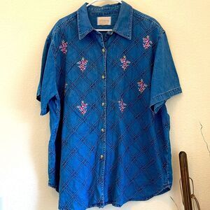 Capistrano Denim Shirt Embroidered Floral Button Down Short Sleeve Vintage 1X